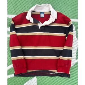 Old Navy Classic Rugby Shirt Red Navy Tan Striped Long Sleeve Kids size 6-7